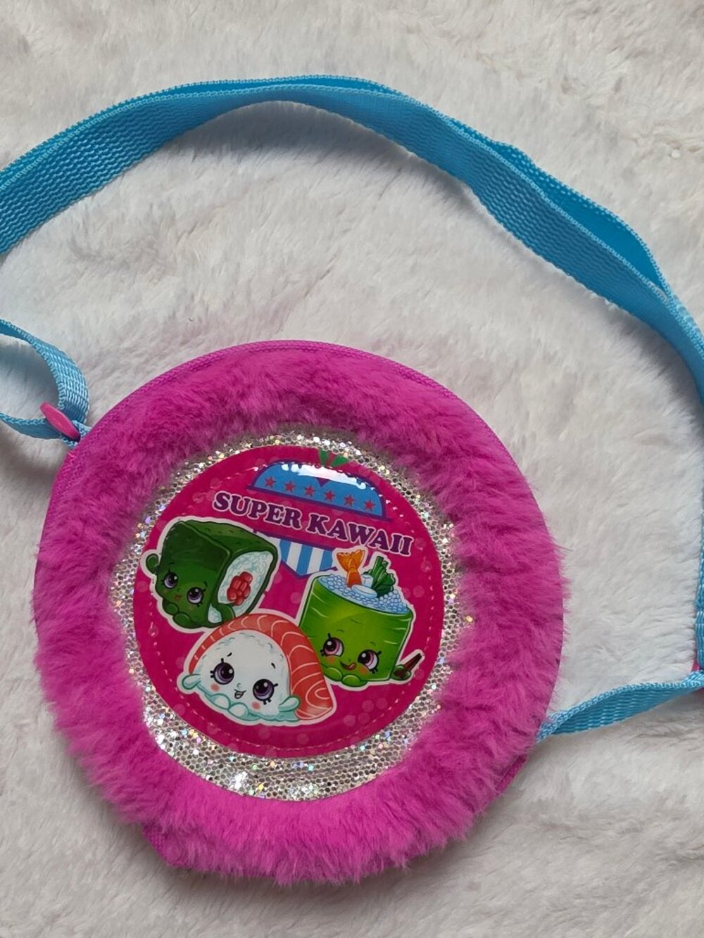 Shopkins Girls Faux Fur Crossbody Shoulder Bag Pink Blue Strap Sushi Kawaii